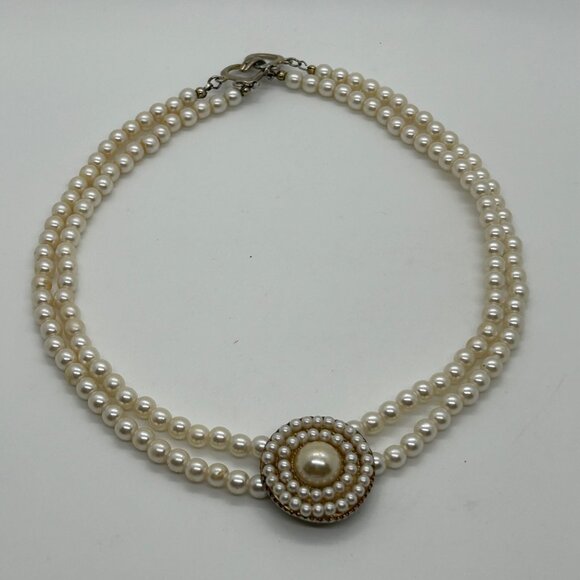 Vintage Faux Pearl Choker Double Strand Necklace With Ornate Pendant Prom Formal - Picture 14 of 15